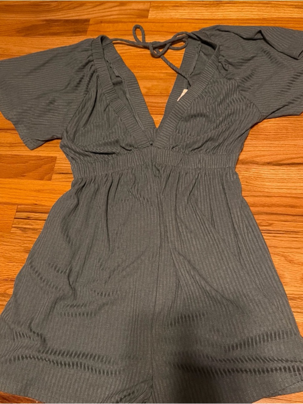 Ribbed V-Neck Short Jumpsuit in Slate